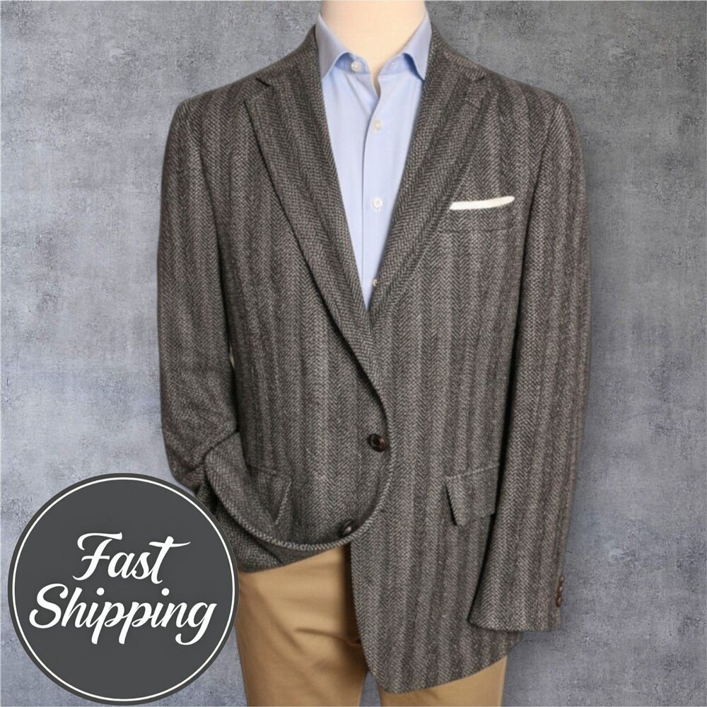 STANLEY BLACKER Vintage 44L Tweed Wool Gray Herringbone Blazer Sport Coat Jacket
